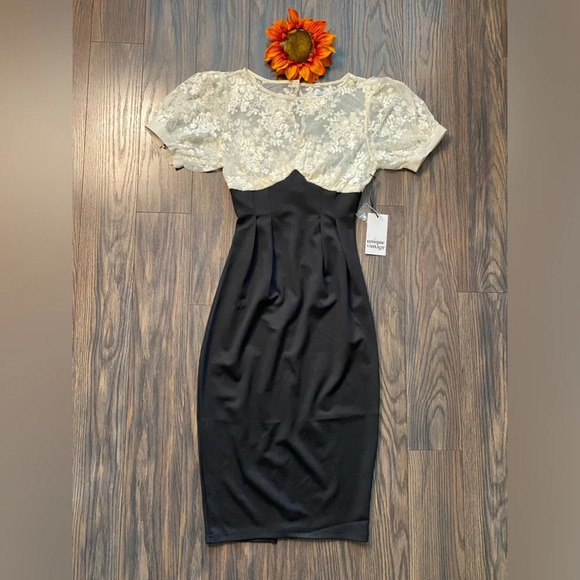 🦋B2G1🦋UNIQUE VINTAGE Ivory & Black Wiggle Dress With Lace Illusion NWT - Picture 3 of 13